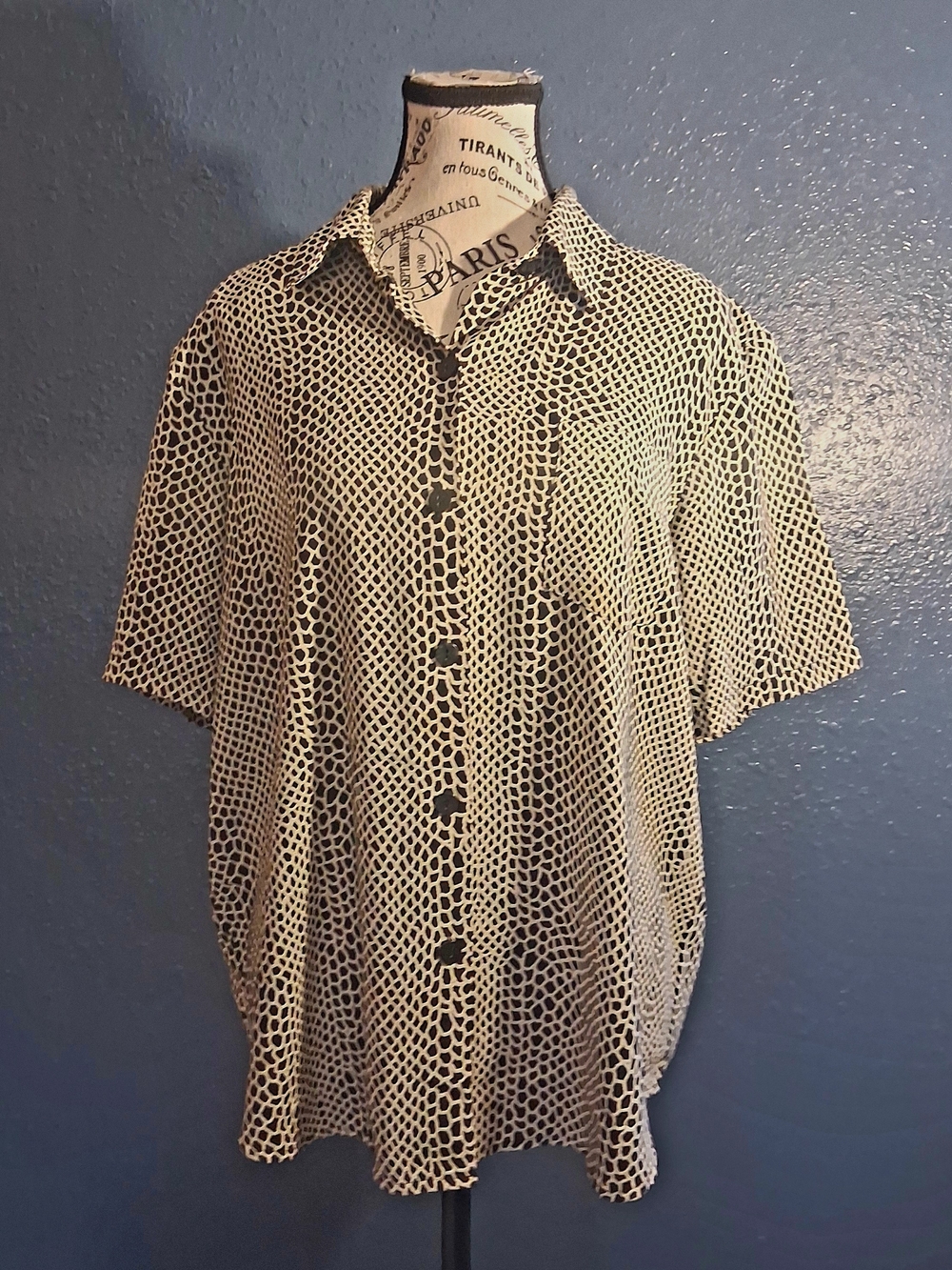 Vintage Kathy Che Womens Short-Sleeve Animal Print Button-Up Shirt -L